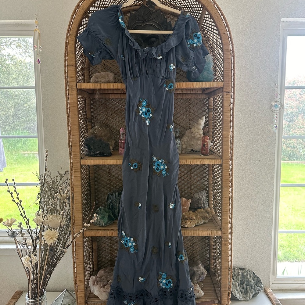 Bali Santa Cruz Ruffle Dress (Gray Maxi Dress with Blue Floral Embroidery)